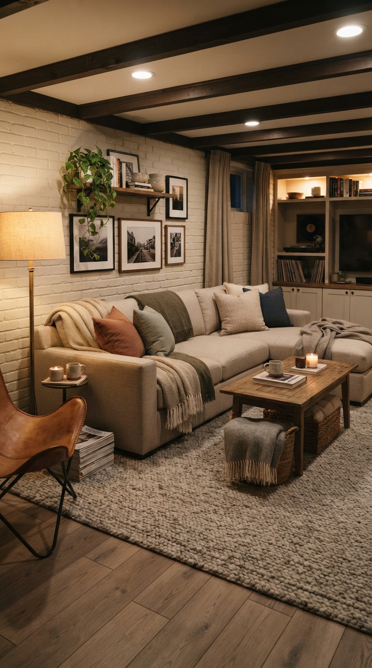 Cozy basement lounge with neutral sectional and warm lighting