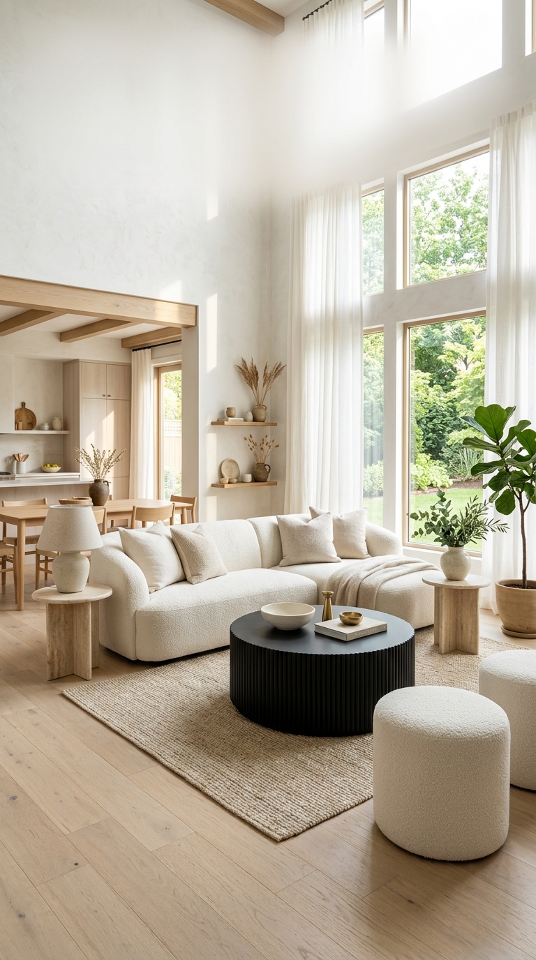 Living room styled with black coffee table as sole black accent