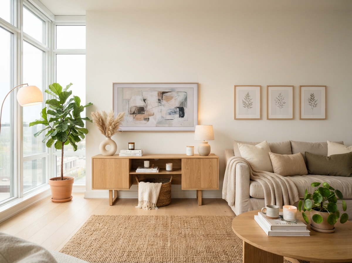 22 TV console decorating ideas featuring a stylish modern living room with beautifully styled TV stand decor and bold title overlay.