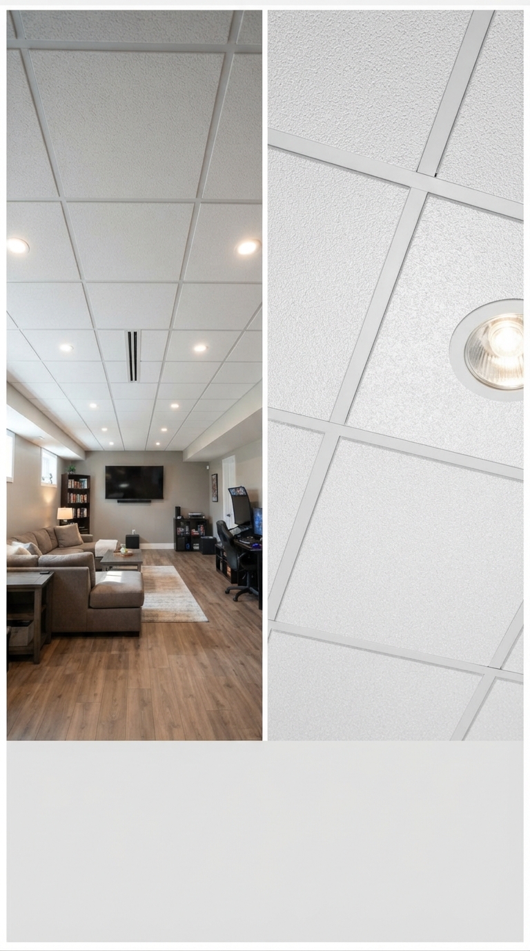 Light-reflective tile ceiling brightening a windowless basement