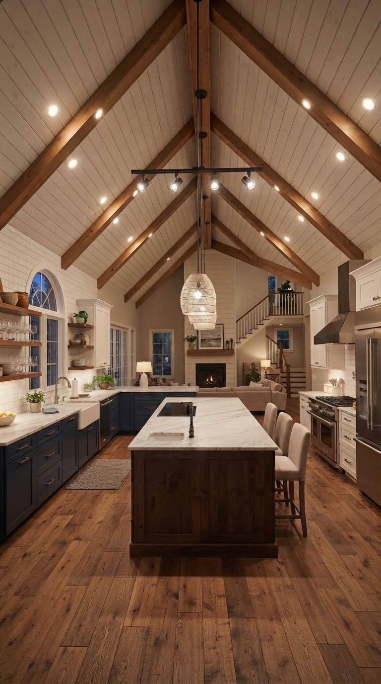vaulted ceiling kitchen with recessed and track lighting