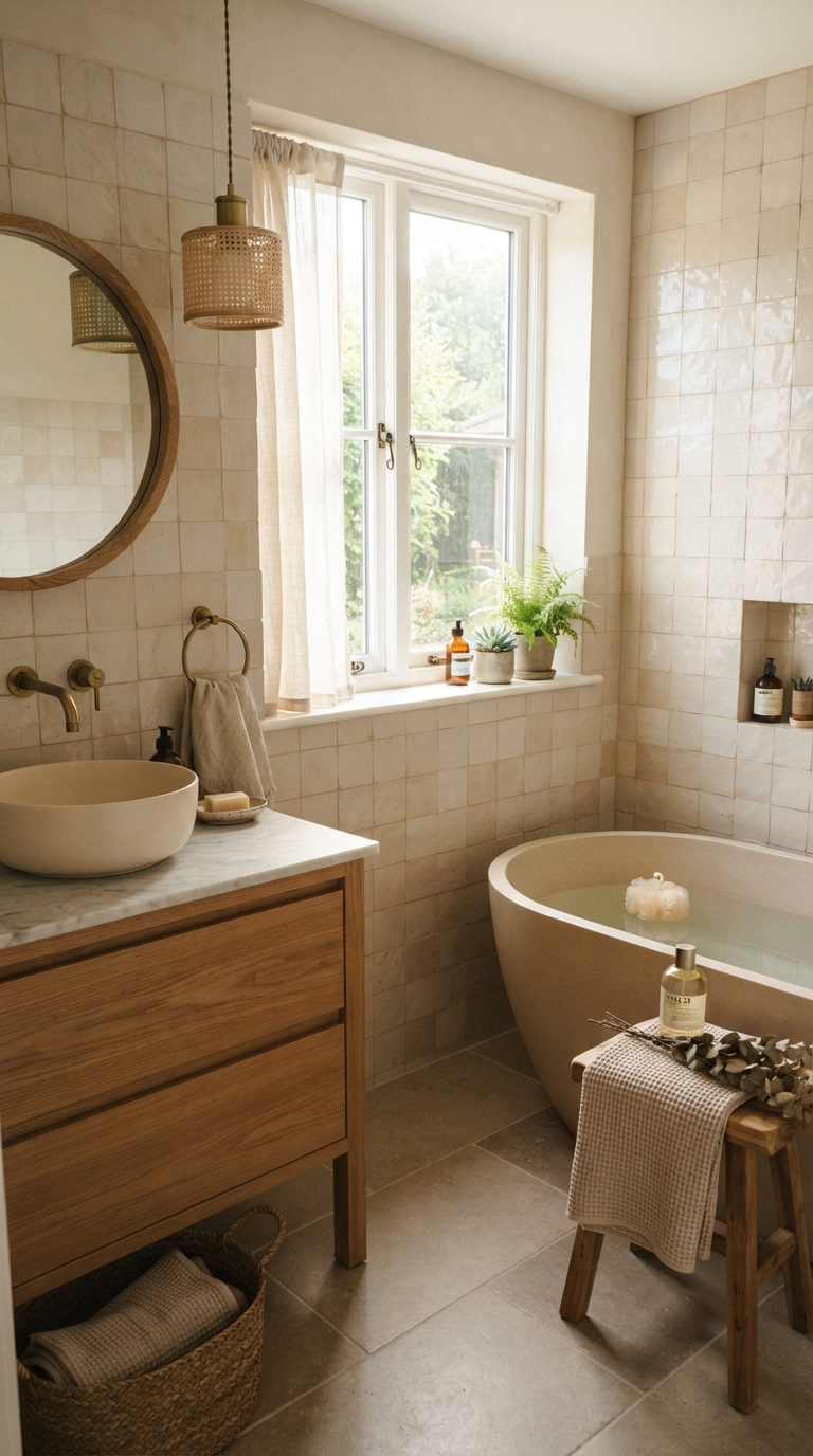 A bathroom styled in a warm neutral palette of beige, cream, and soft gray tones, bright natural daylight, soft shadows, realistic material texture, vertical Pinterest composition.