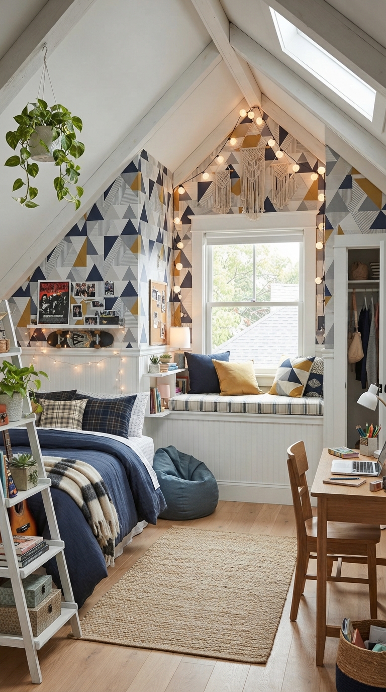 Teen bedroom with geometric wallpaper on slanted ceiling and white millwork