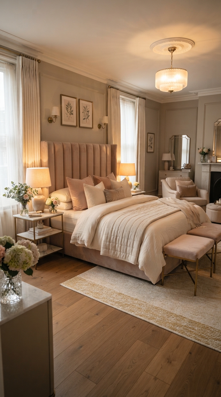 Velvet headboard paired with blush tones in a modern luxury bedroom