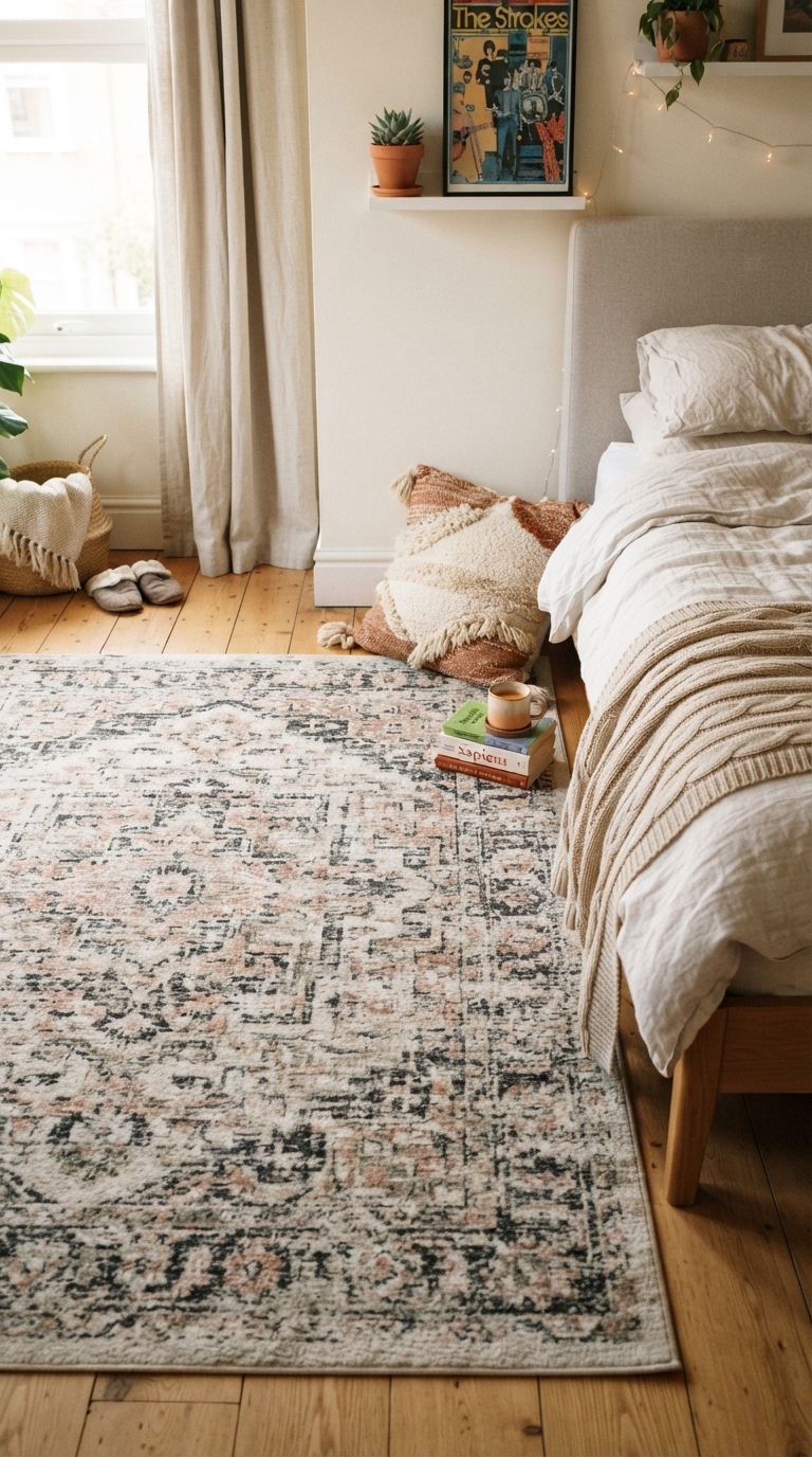 Bold abstract statement rug anchoring a cozy teen girl bedroom floor