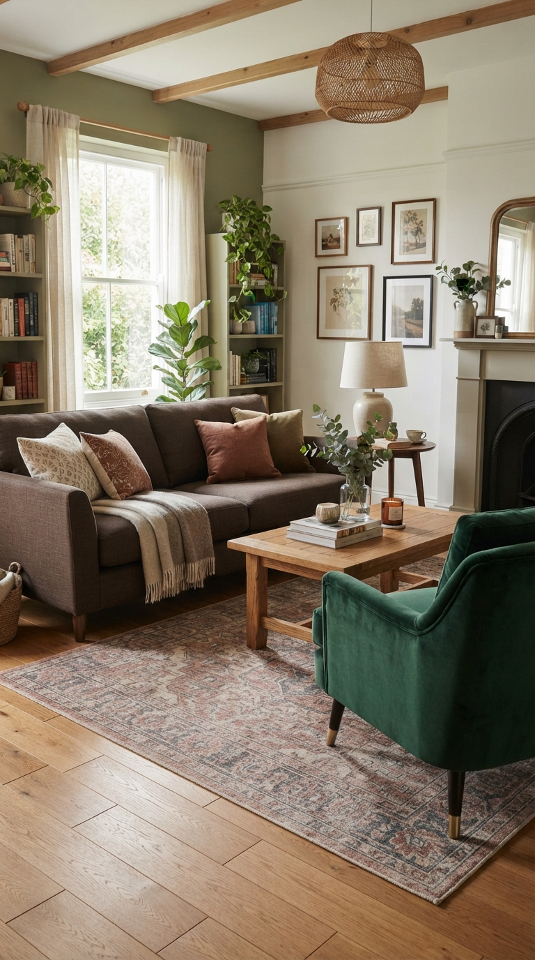 Brown sofa paired with a green velvet accent chair
