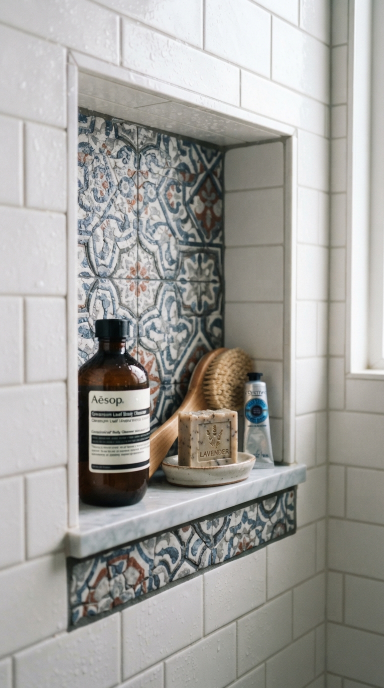 Accent tile shower niche styled as a decorative focal point