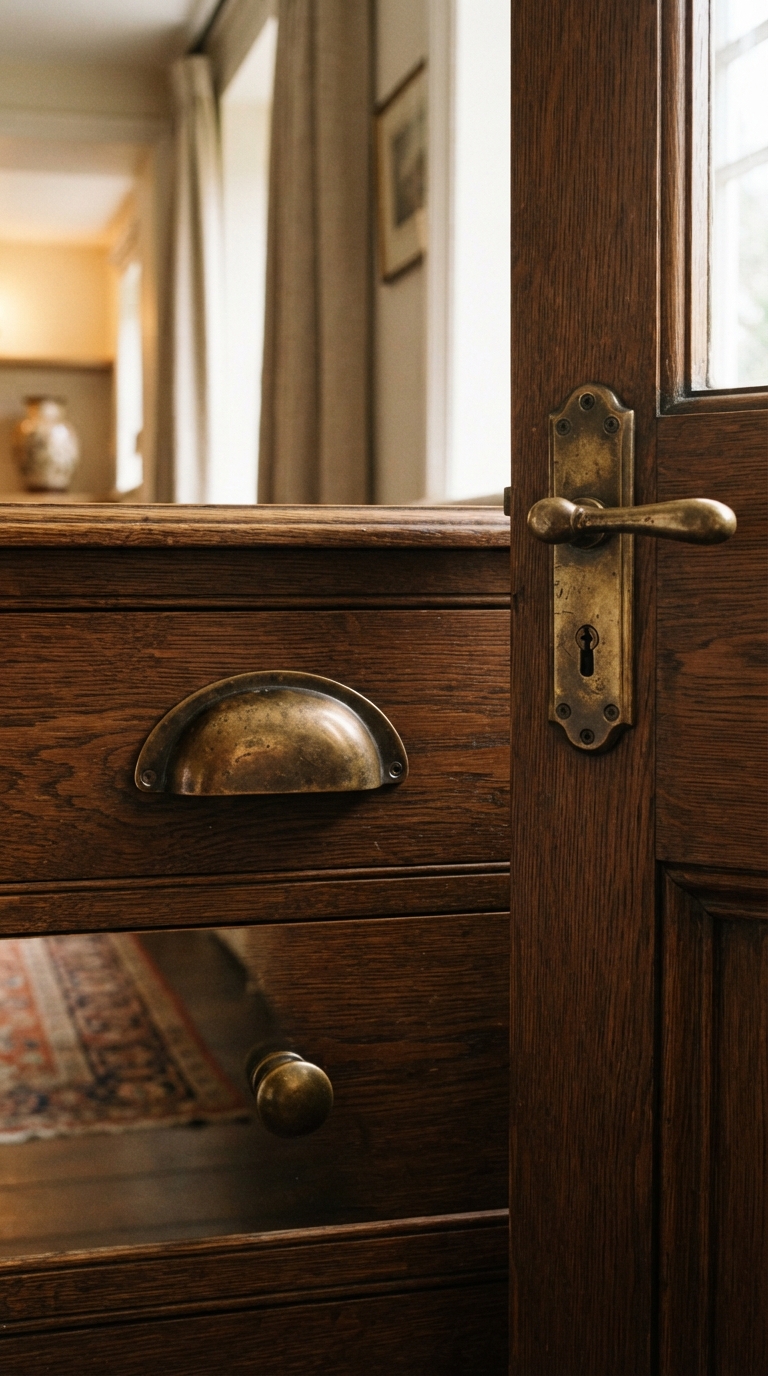 Aged brass hardware details in an old money style home