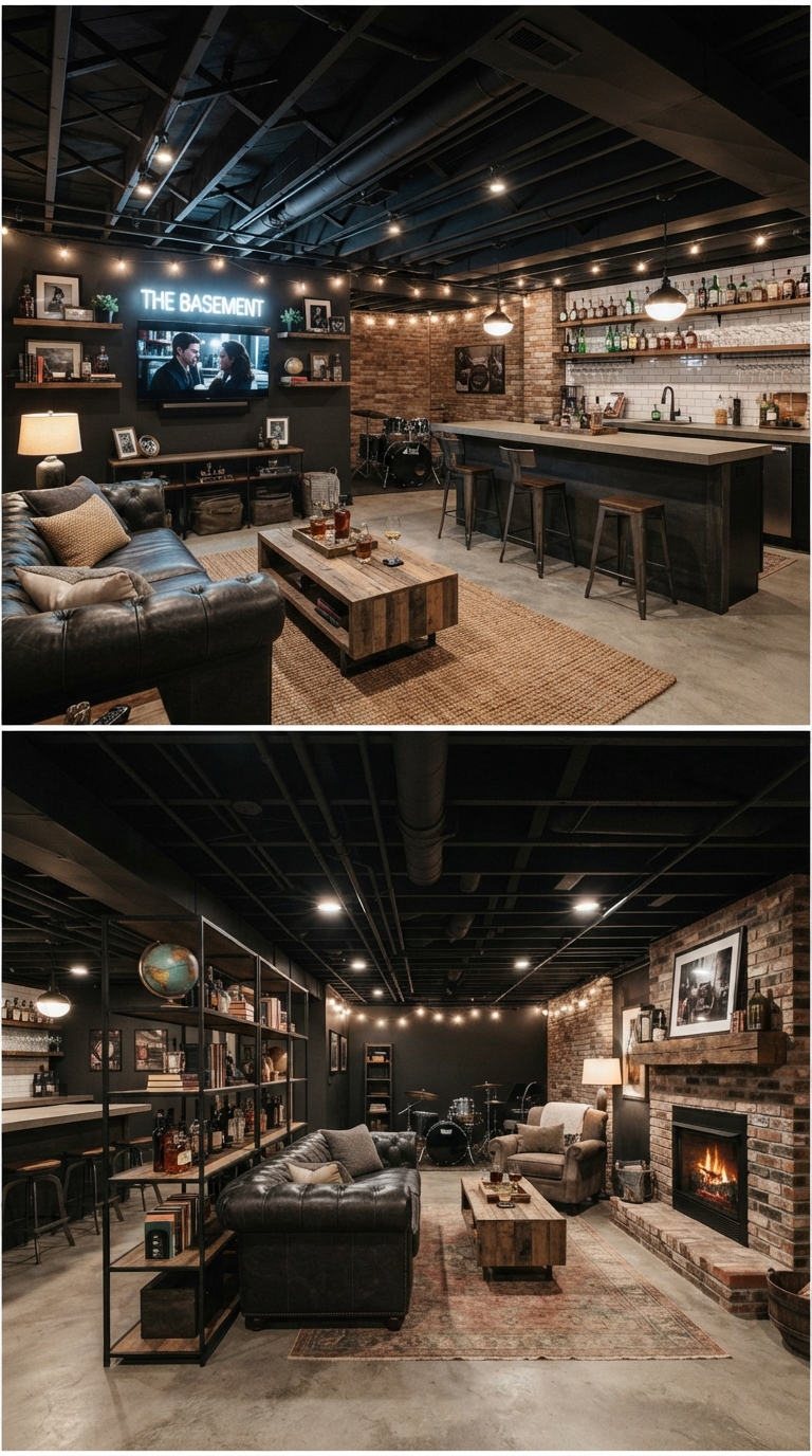 All-black painted exposed basement ceiling with pipes and ductwork