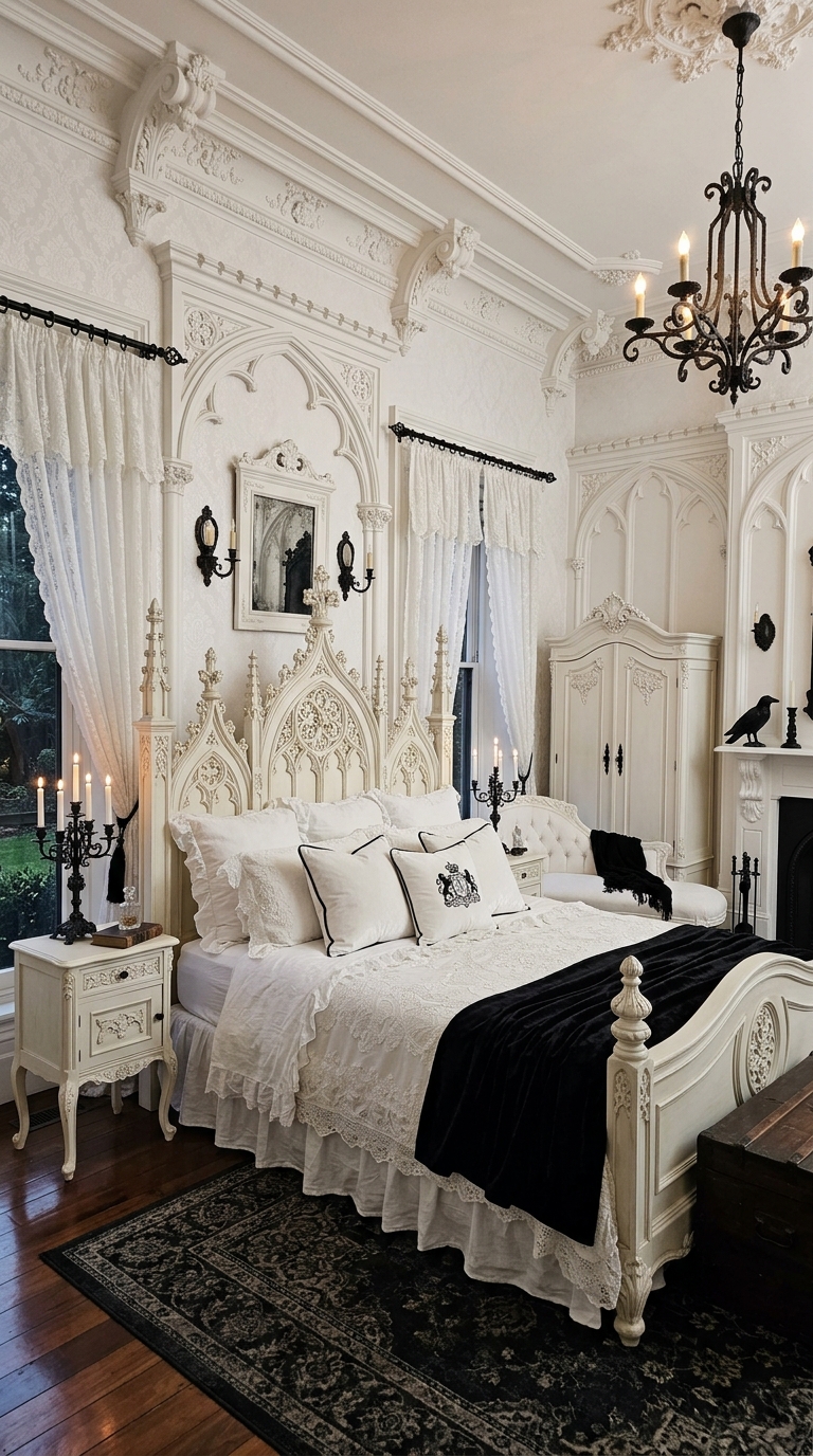 All-white Victorian romance gothic bedroom idea