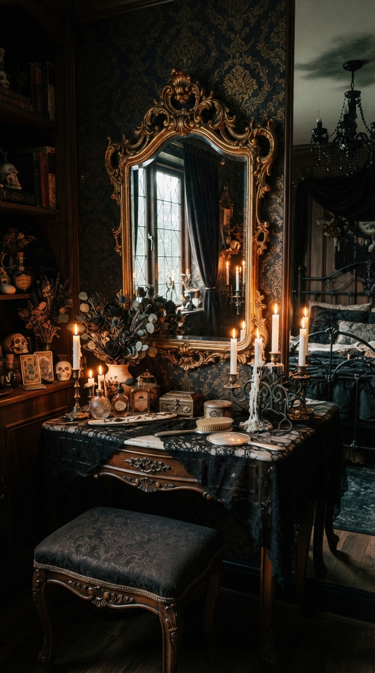 Antique mirror vanity nook styled in a gothic bedroom
