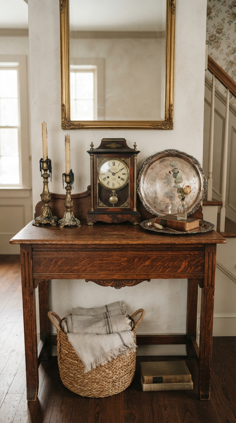 Antique and vintage decor accents styled on an old money console table