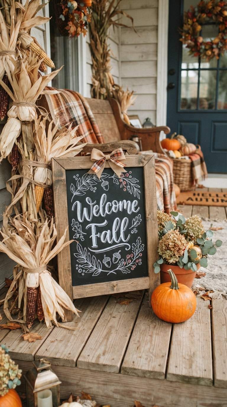 Apartment stoop fall decor makeover with mini pumpkin and mum