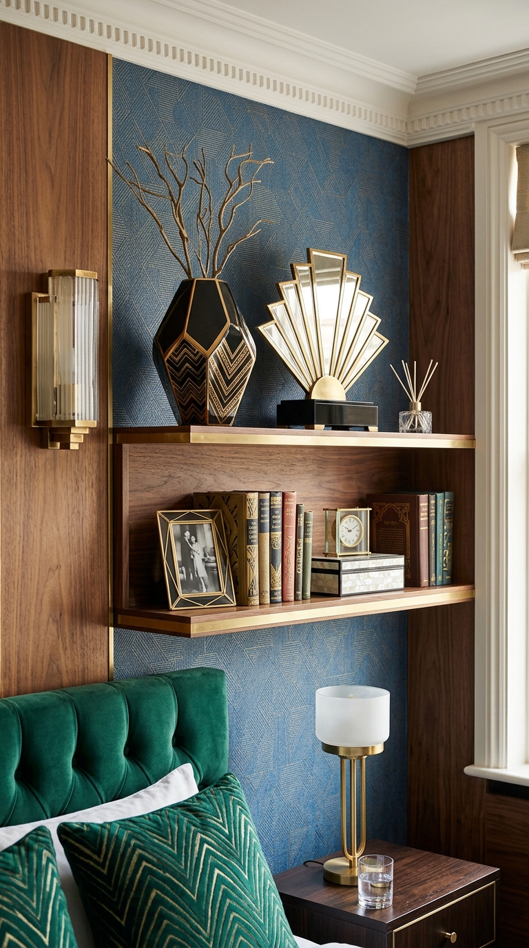 Art Deco geometric bedroom shelf styling idea