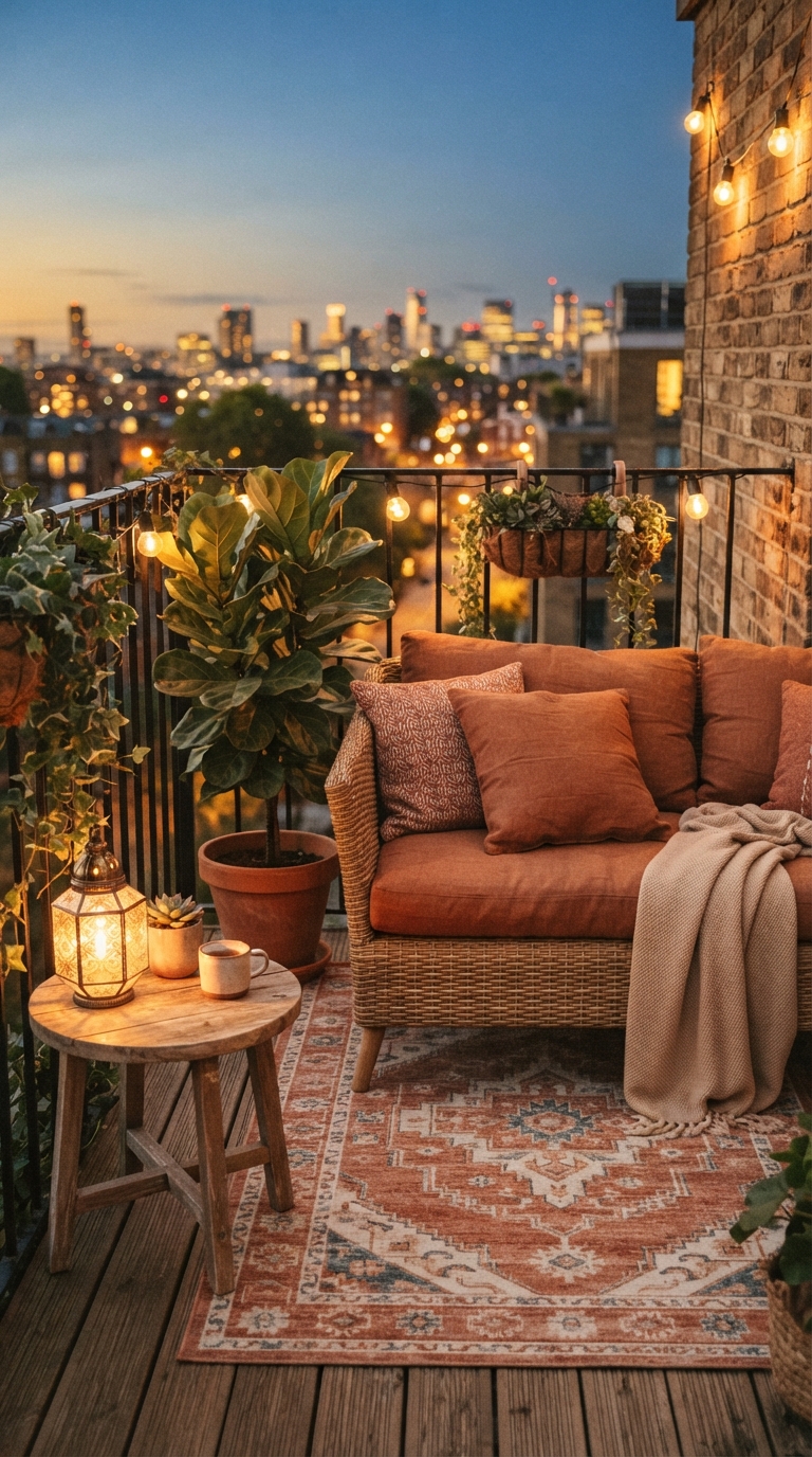 Balcony patio nook with woven loveseat and side table