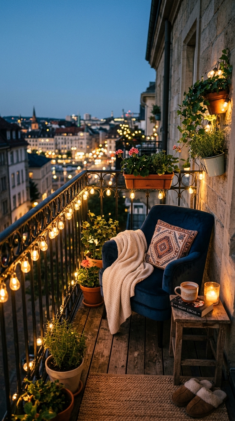 String lights wrapped around a small apartment balcony railing