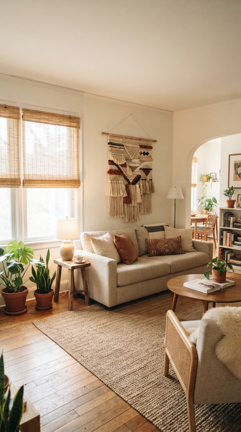 Earthy living room with bamboo blinds and handwoven textiles