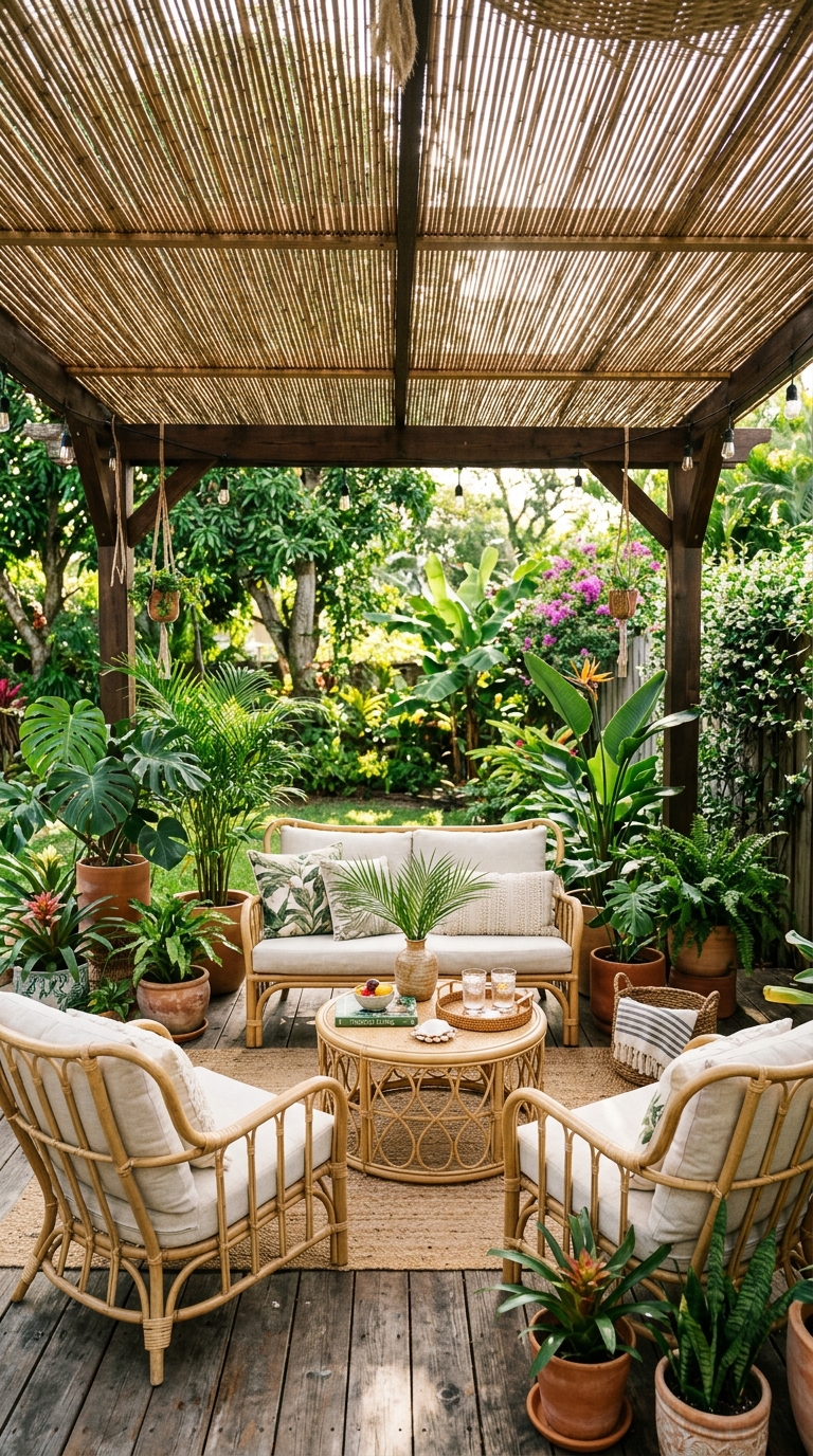 Bamboo reed roofing over a pergola for breathable patio shade