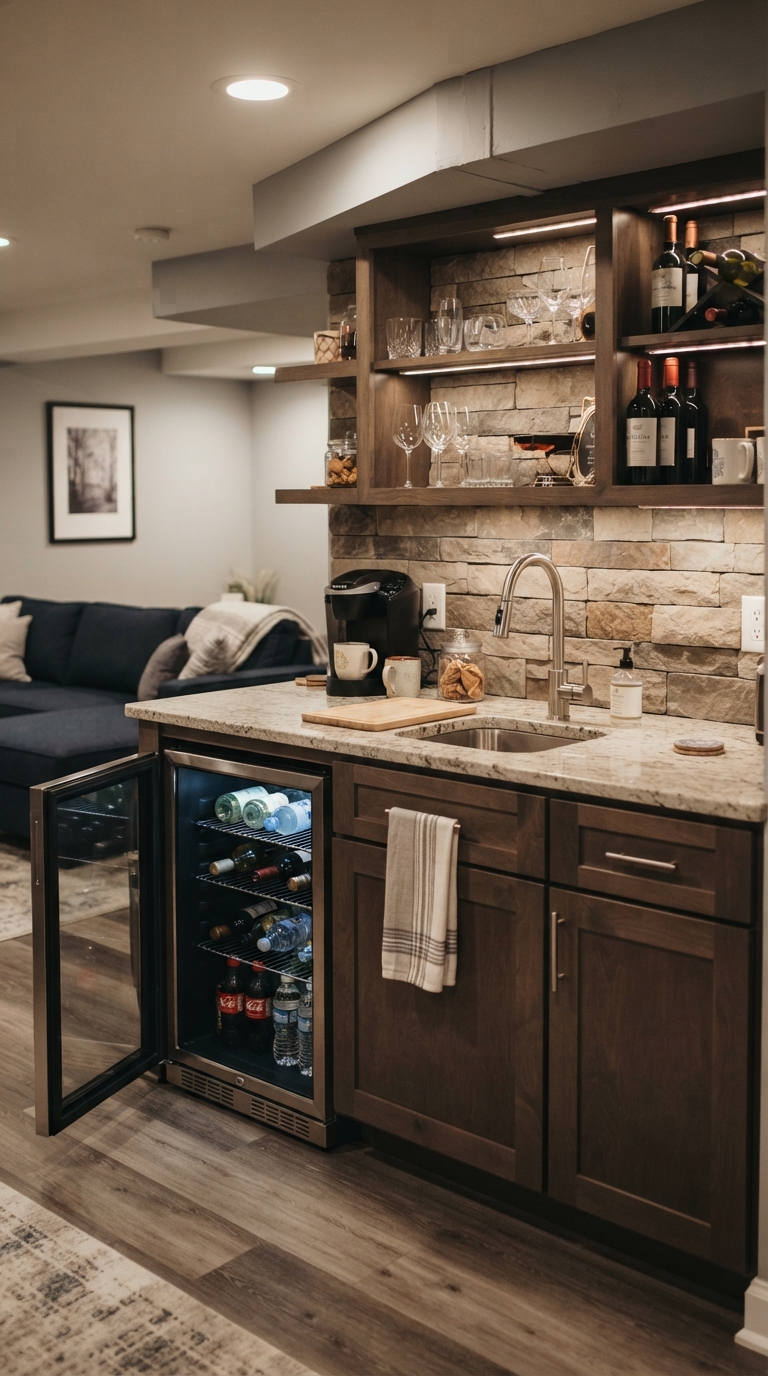 Bar sink and mini fridge combo basement kitchenette idea