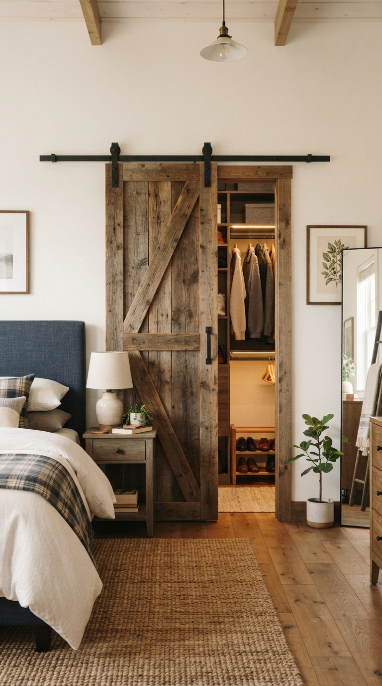 Sliding barn door closet in a rustic style bedroom