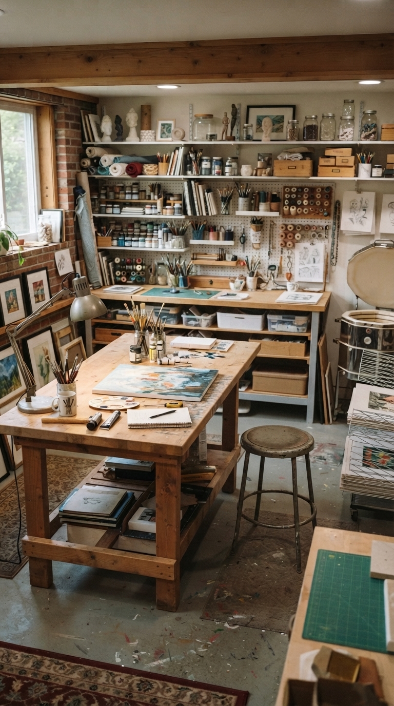 Basement art and hobby studio with organized supply storage