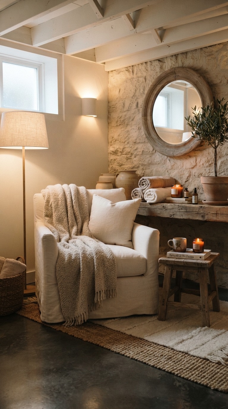 Basement at-home spa corner with soft ambient lighting