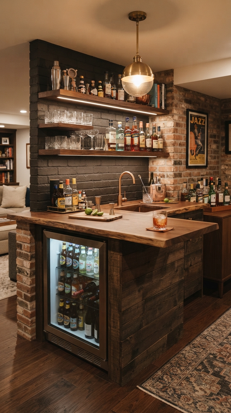 Basement bar corner with mini-fridge and pendant lighting