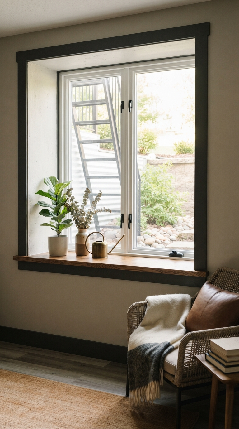 Basement egress window upgrade with deep wood sill and dark trim