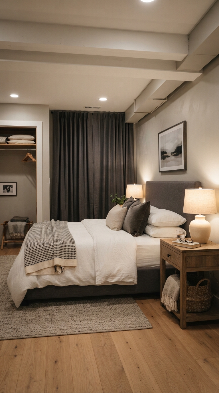 Basement guest suite with layered bedding and warm lighting