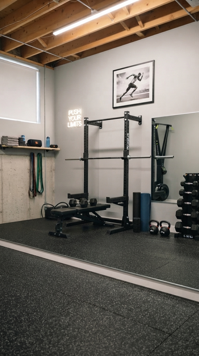 Basement home gym corner with rubber flooring and wall mirror