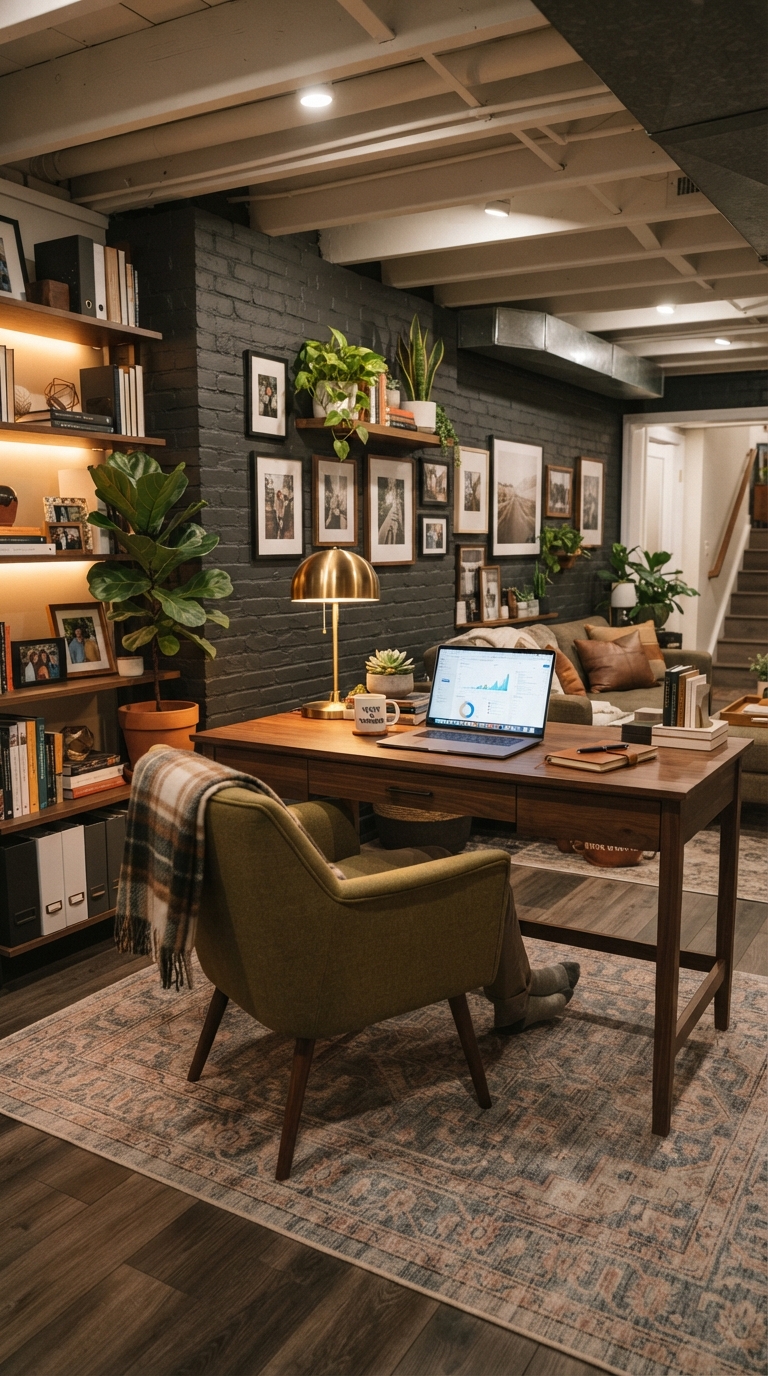 Basement home office retreat with warm lighting and cozy styling