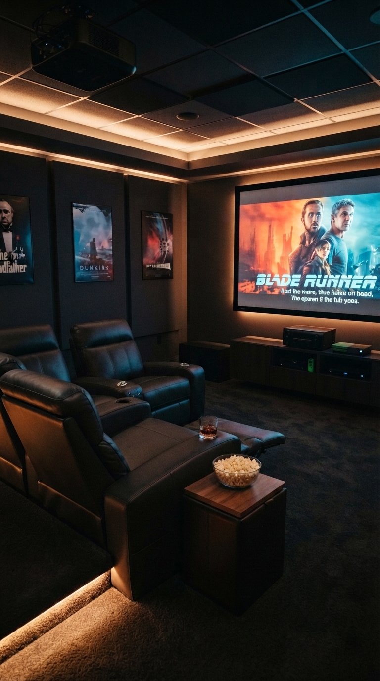 Basement home theater nook with projector screen and reclining seats