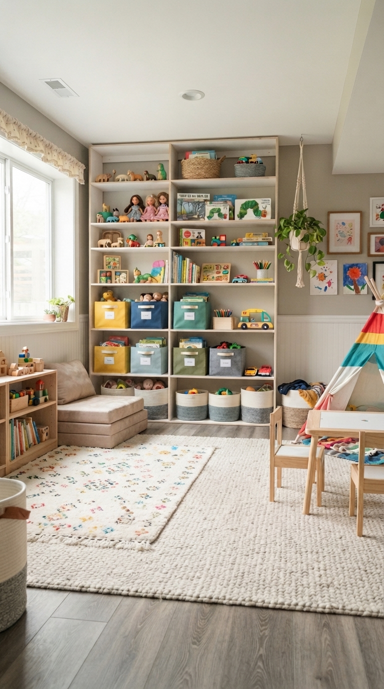 Basement kids playroom with open toy storage shelving
