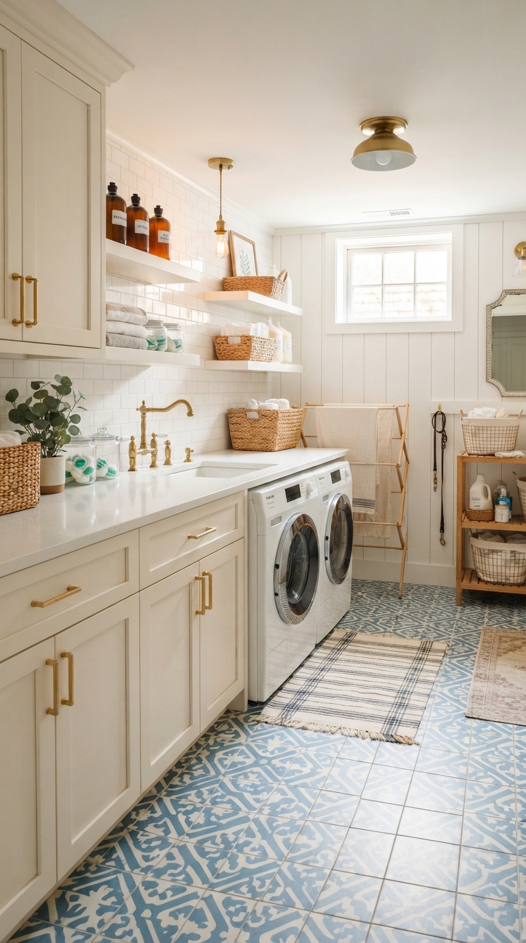 Basement laundry room with patterned tile flooring and white cabinets