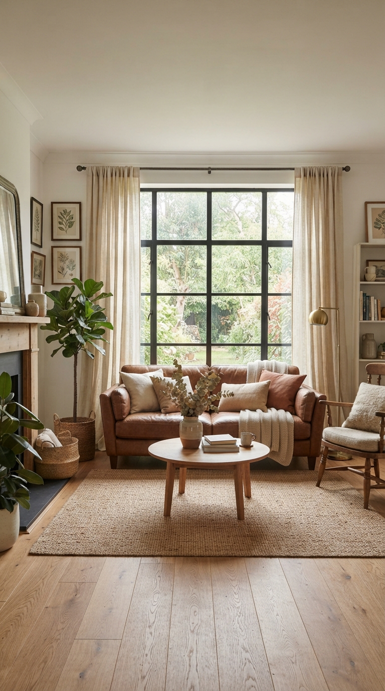 Brown sofa styled with cream linen curtains in a bright living room
