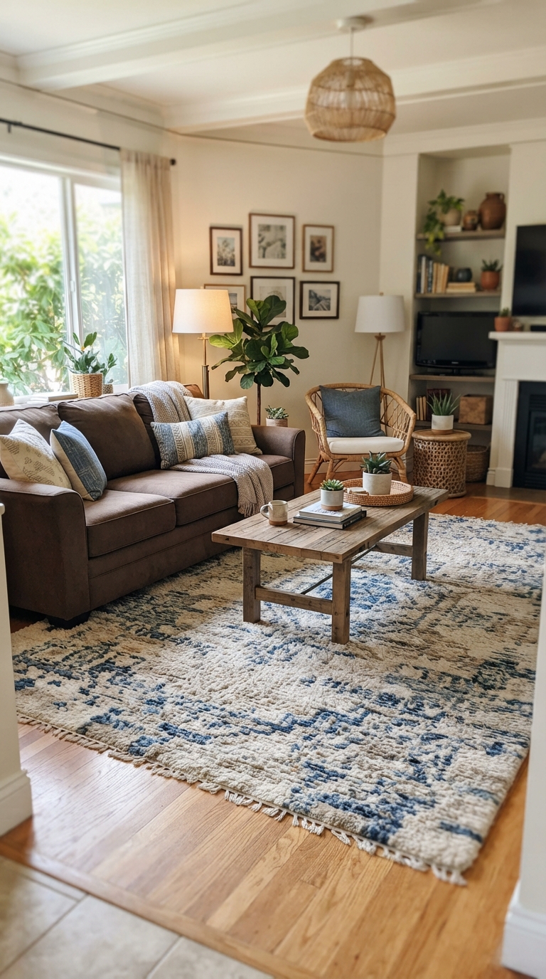 Brown sofa paired with a light textured area rug