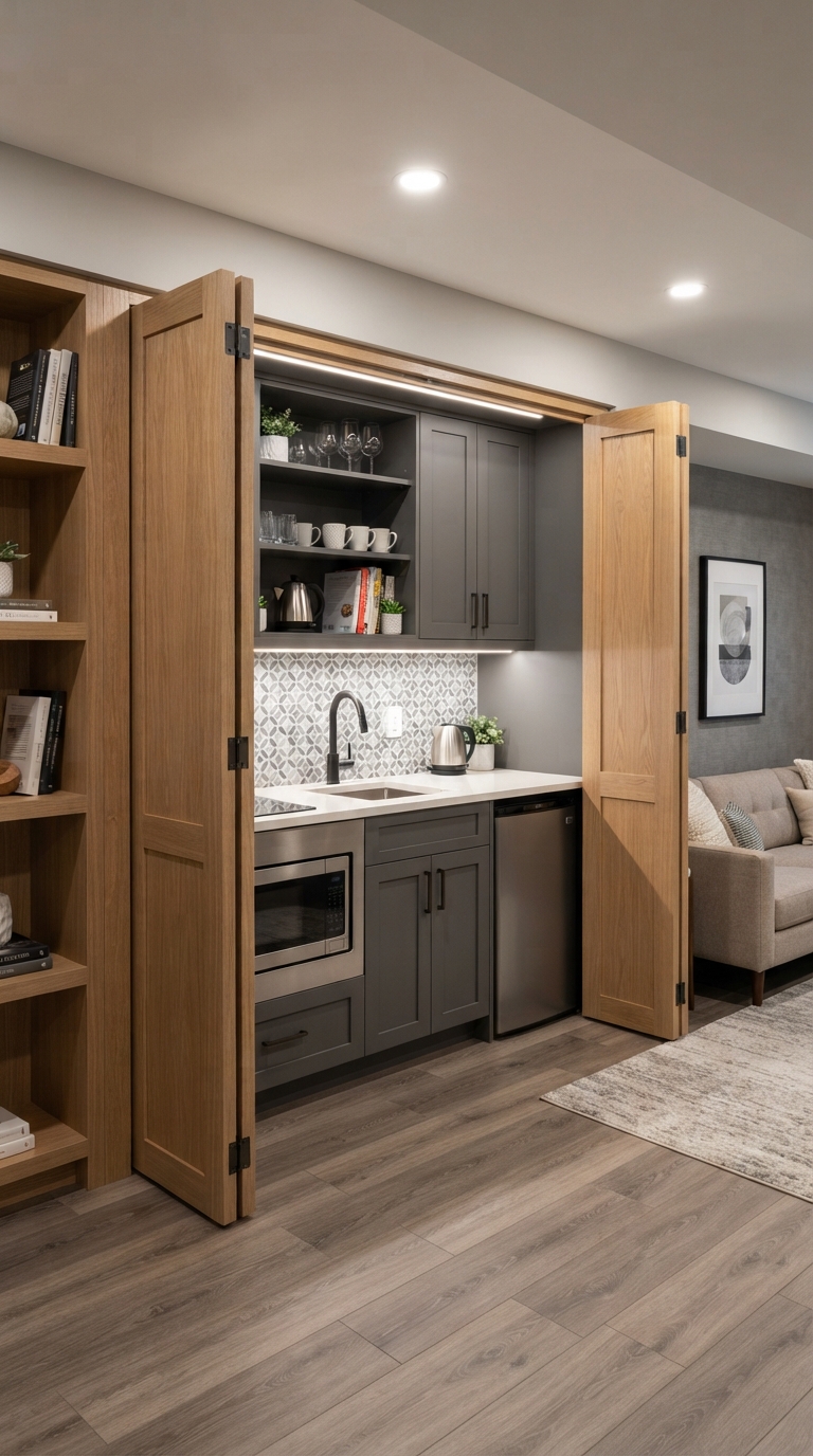 Concealed basement kitchenette with bi-fold doors