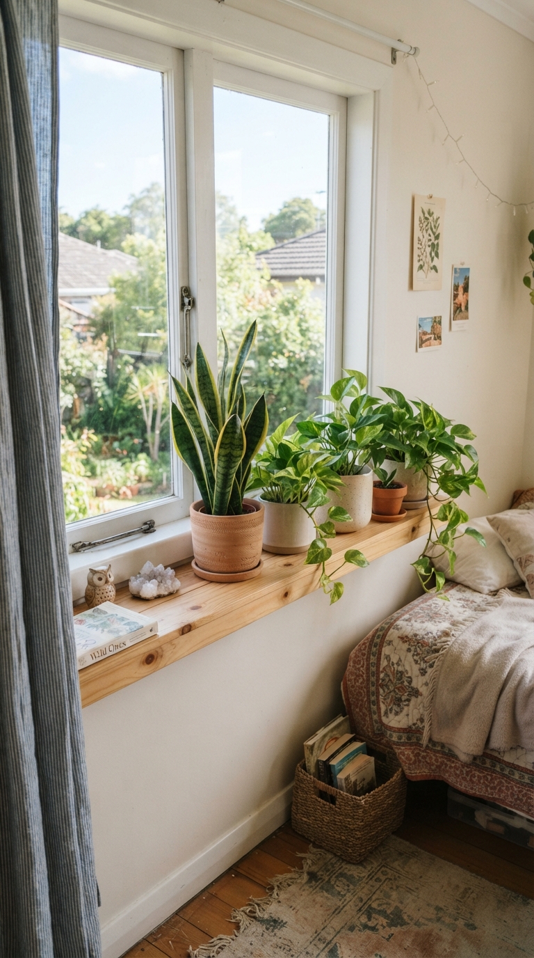 Biophilic plant ledge with snake plant and pothos in a teen girl bedroom