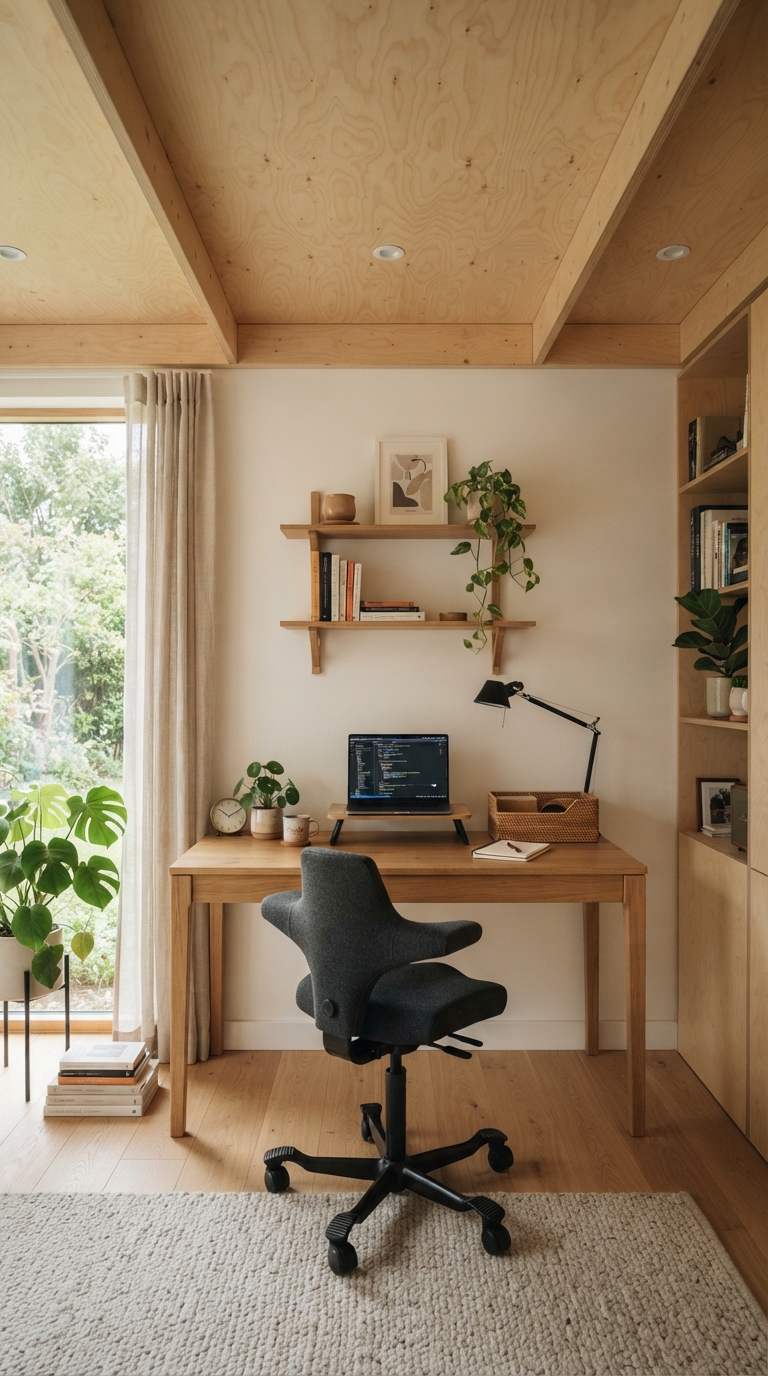 Birch plywood ceiling in a minimalist home office