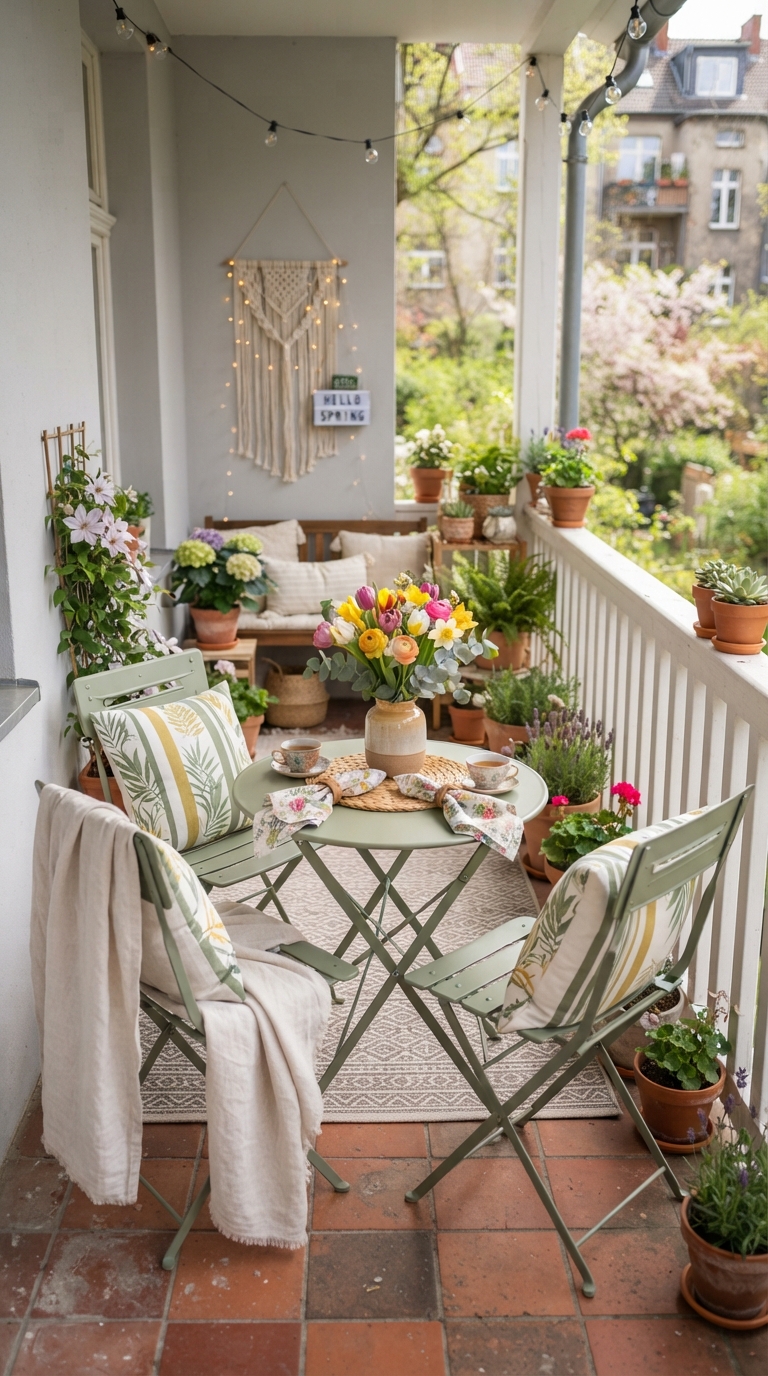Folding bistro set styled for spring on a small apartment porch