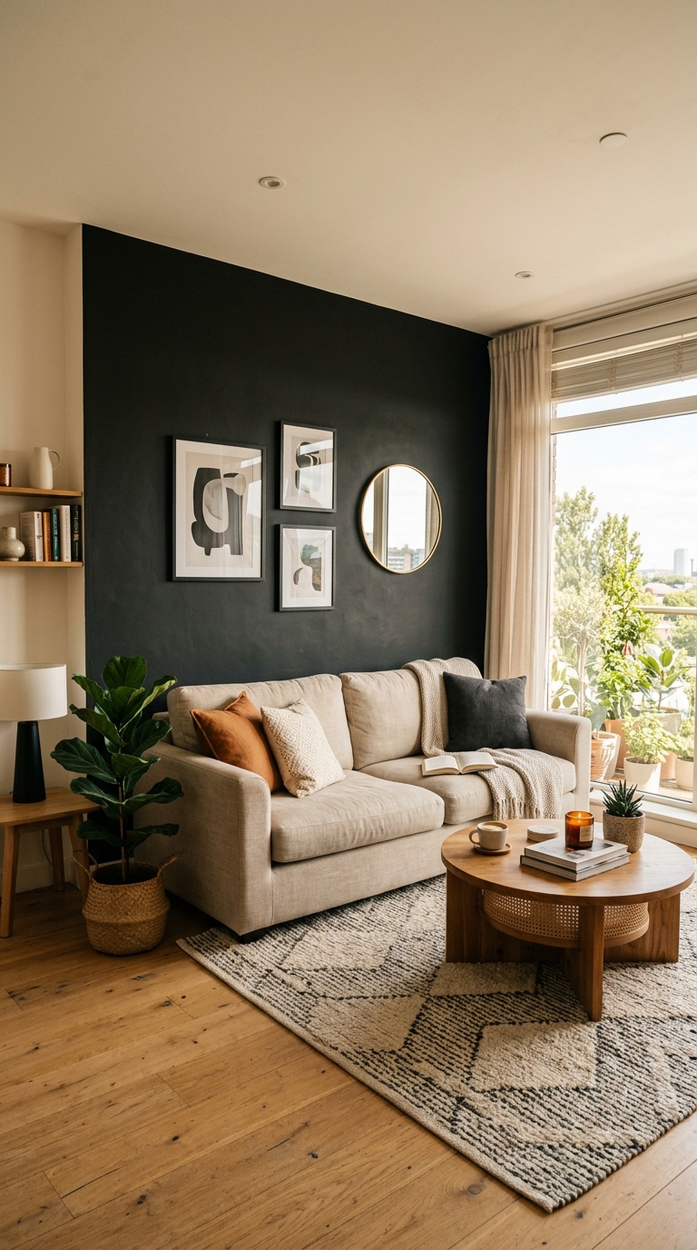 Living room with single black accent wall behind sofa