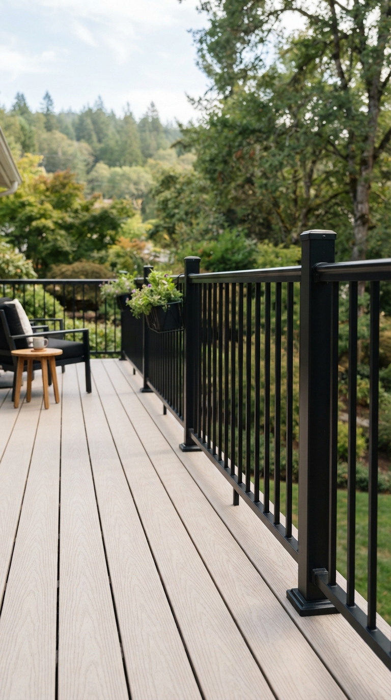 Black aluminum deck railing creating a sleek modern contrast