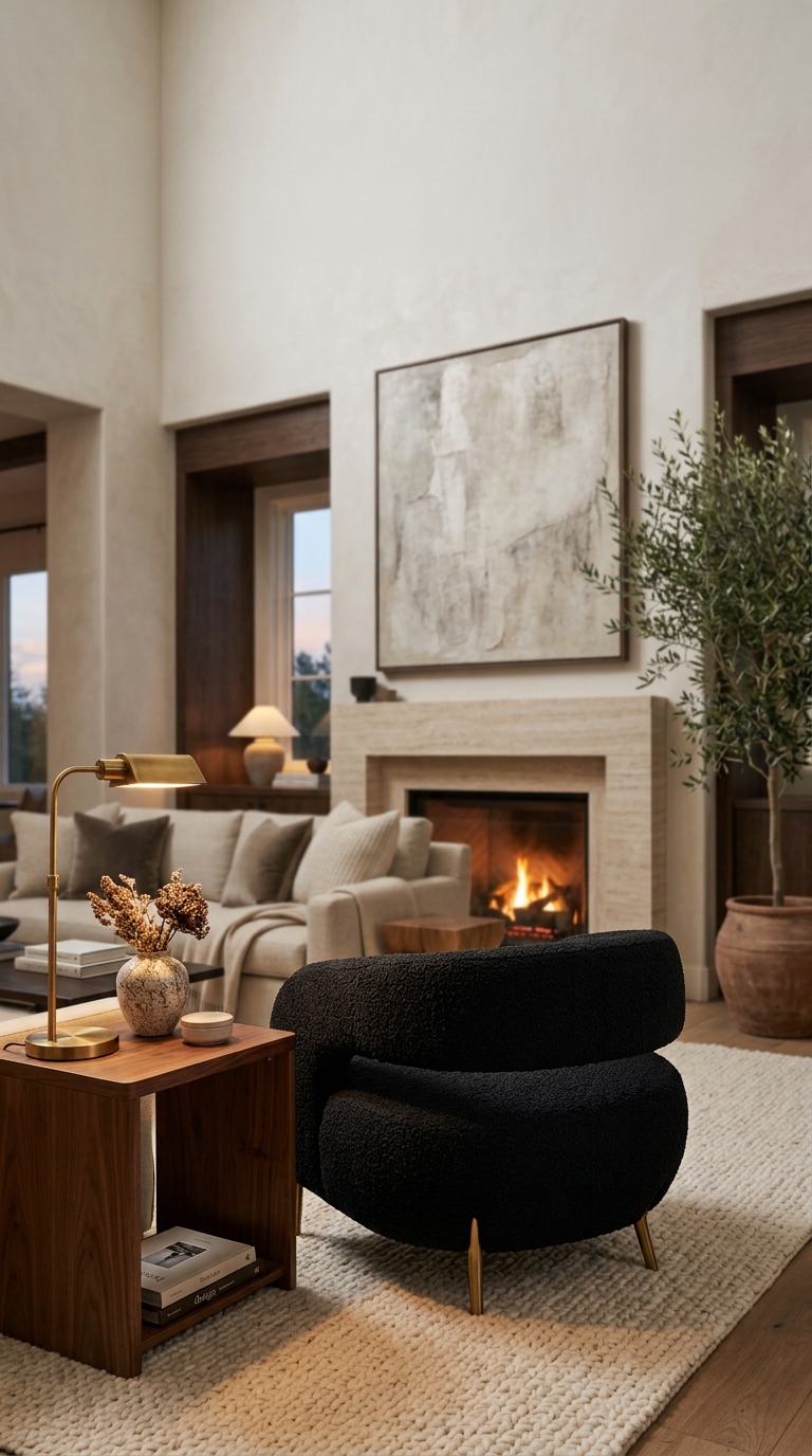 Black boucle textured accent chair in living room