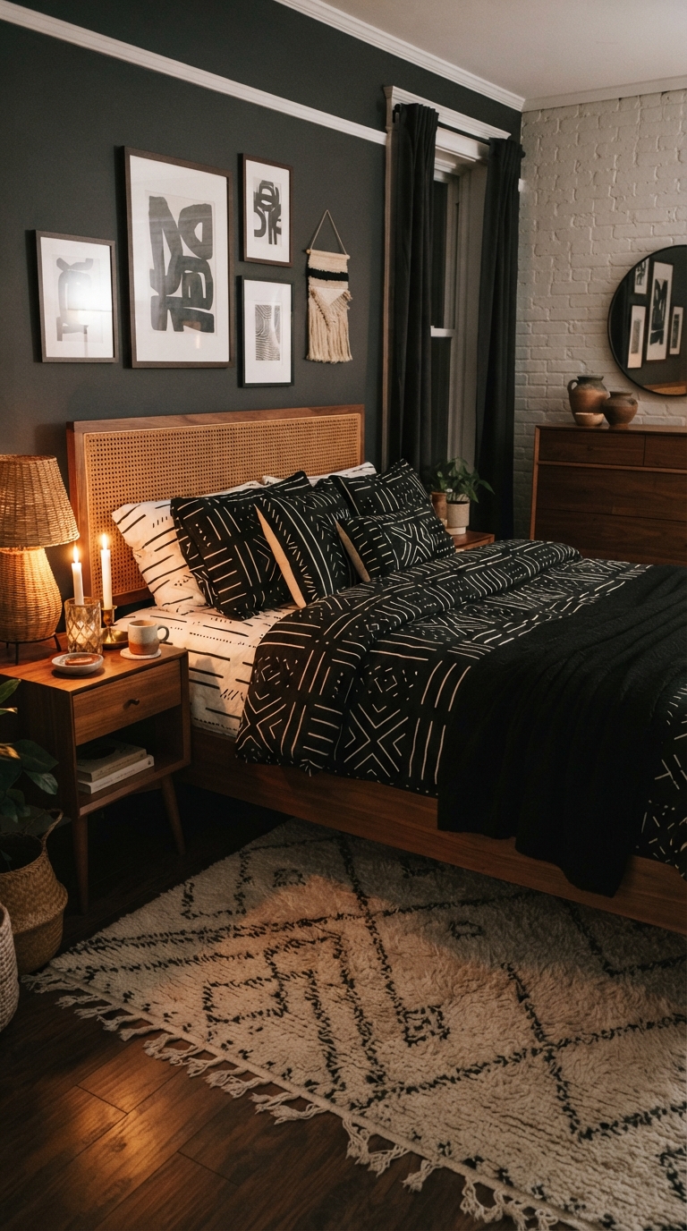 Black, white, and caramel contrast styling in a modern luxury bedroom