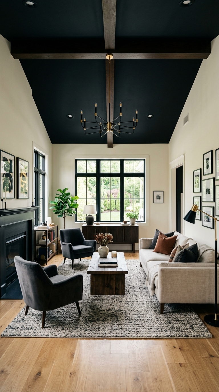 Living room with black accent ceiling and light walls