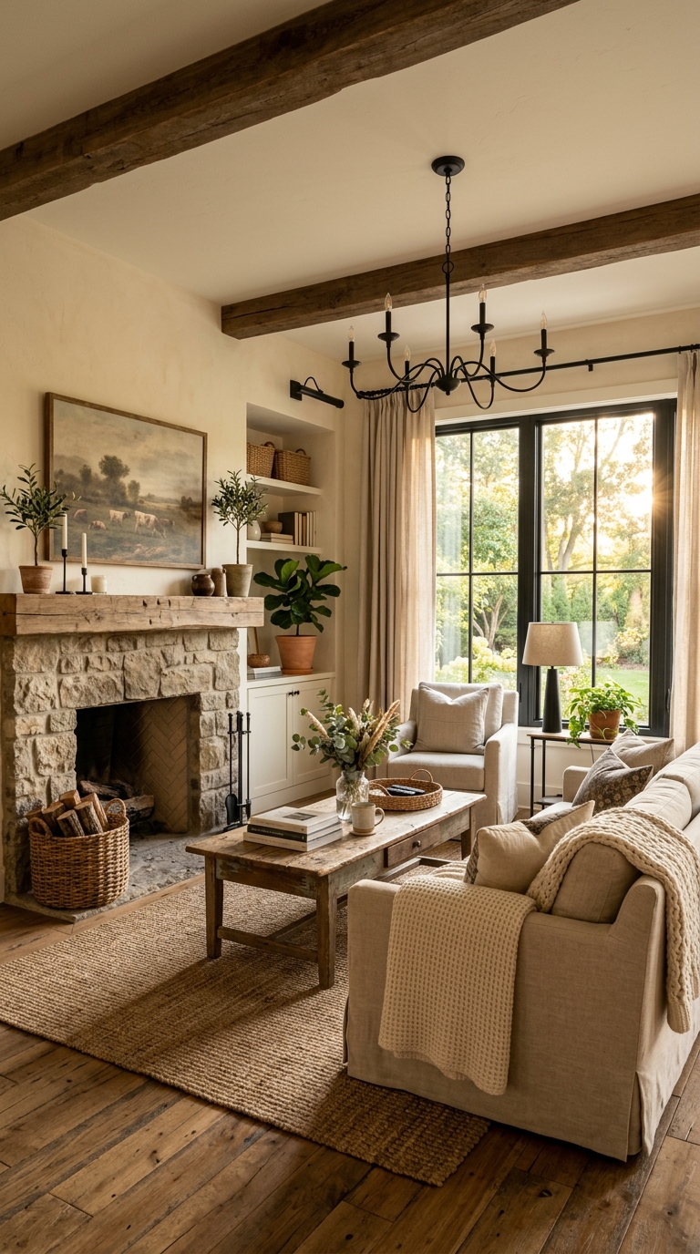 Farmhouse living room styled with black frames and cream tones