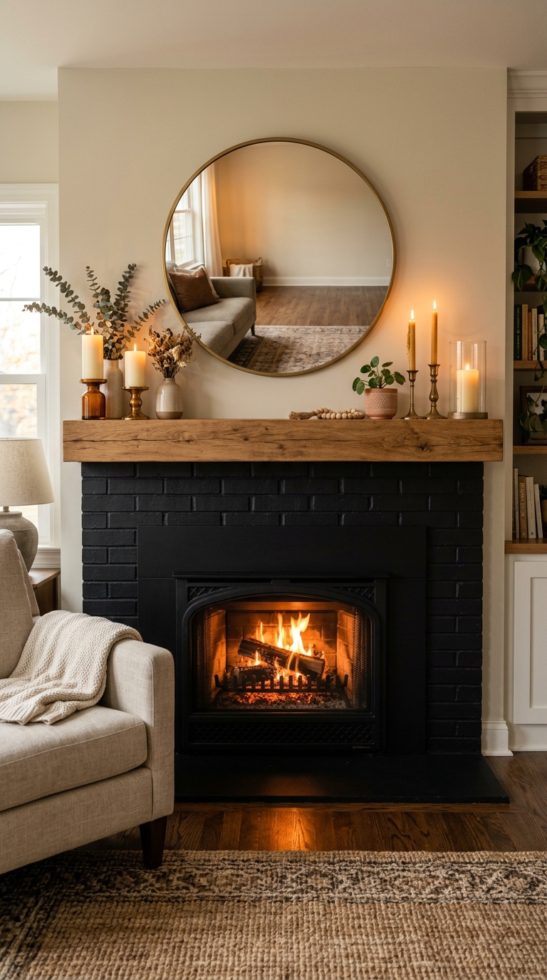 Black fireplace surround with warm wood mantel styling