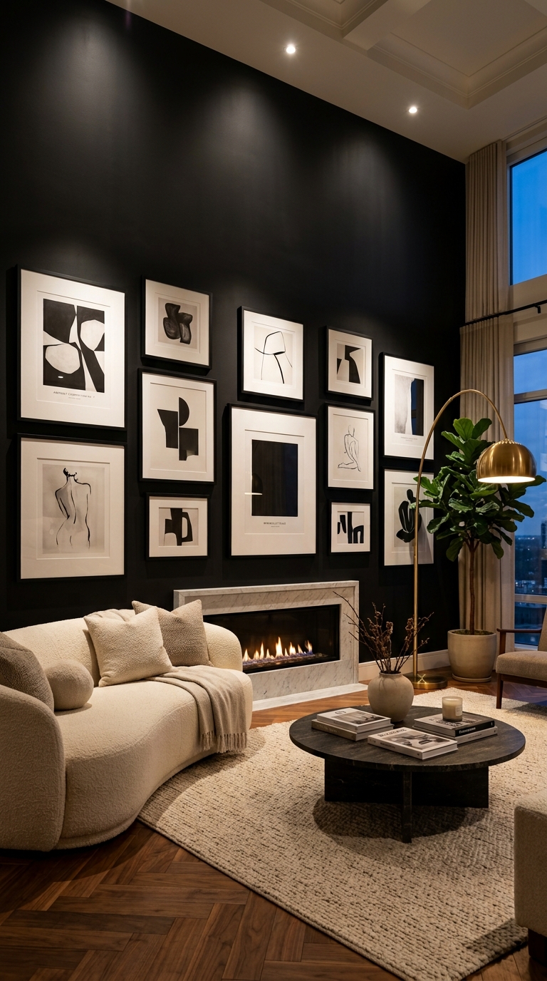 Black wall styled with white-matted gallery wall