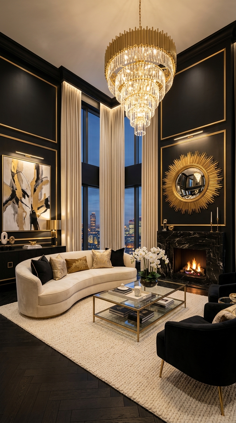 Black and gold glam living room styling