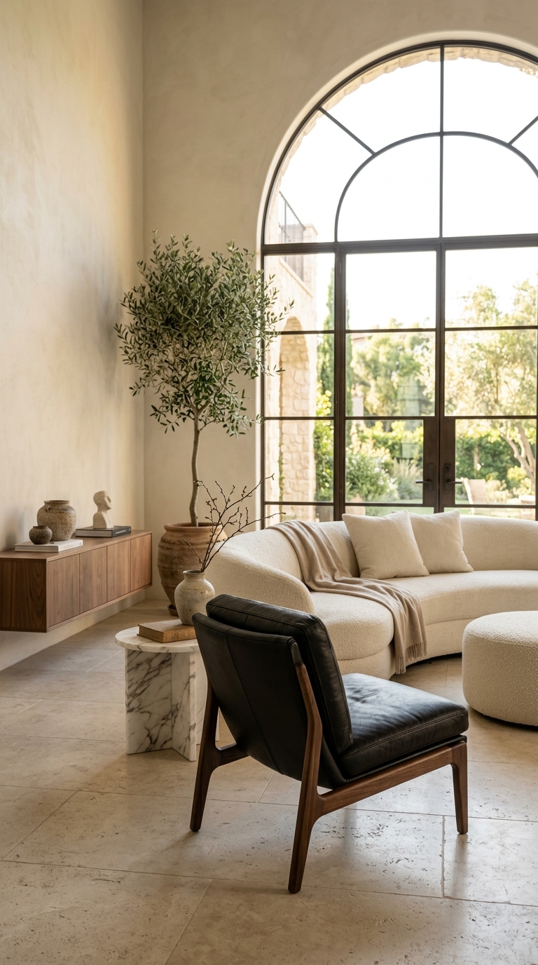 Black leather accent chair styled in living room